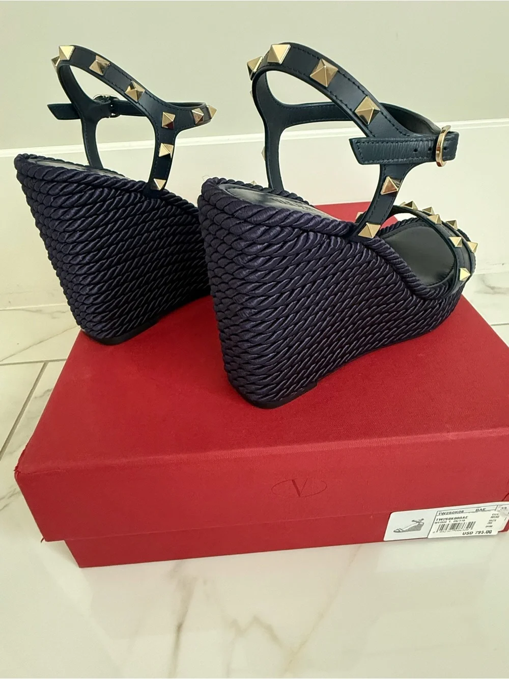 Valentino Navy Wedge Sandals with Gold Pyramid Studs